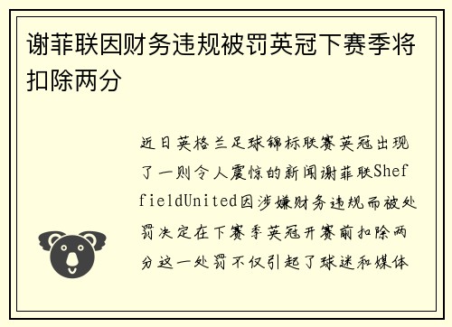 谢菲联因财务违规被罚英冠下赛季将扣除两分 谢菲联因财务违规被罚英冠下赛季将扣除两分